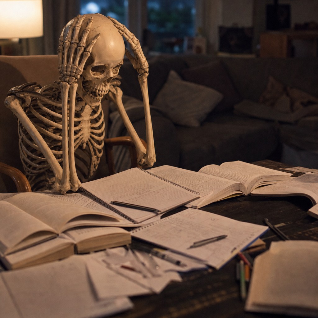 Skeleton studying at a desk buried in notebooks