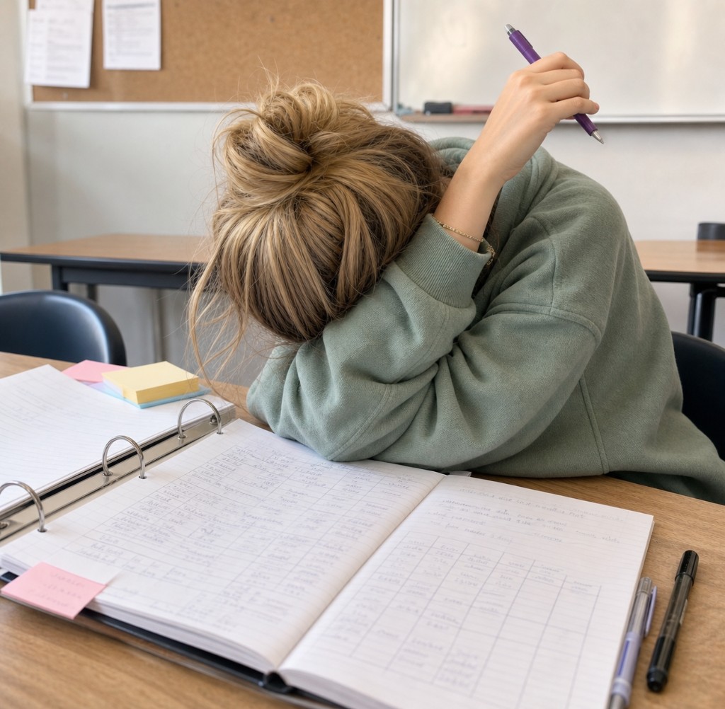 Student slumped over a binder of conjugation charts